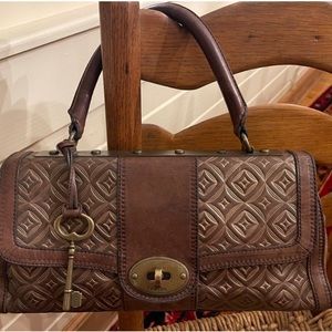 Fossil Vintage Revival Top Handle Embossed Leather Brown Handbag Purse